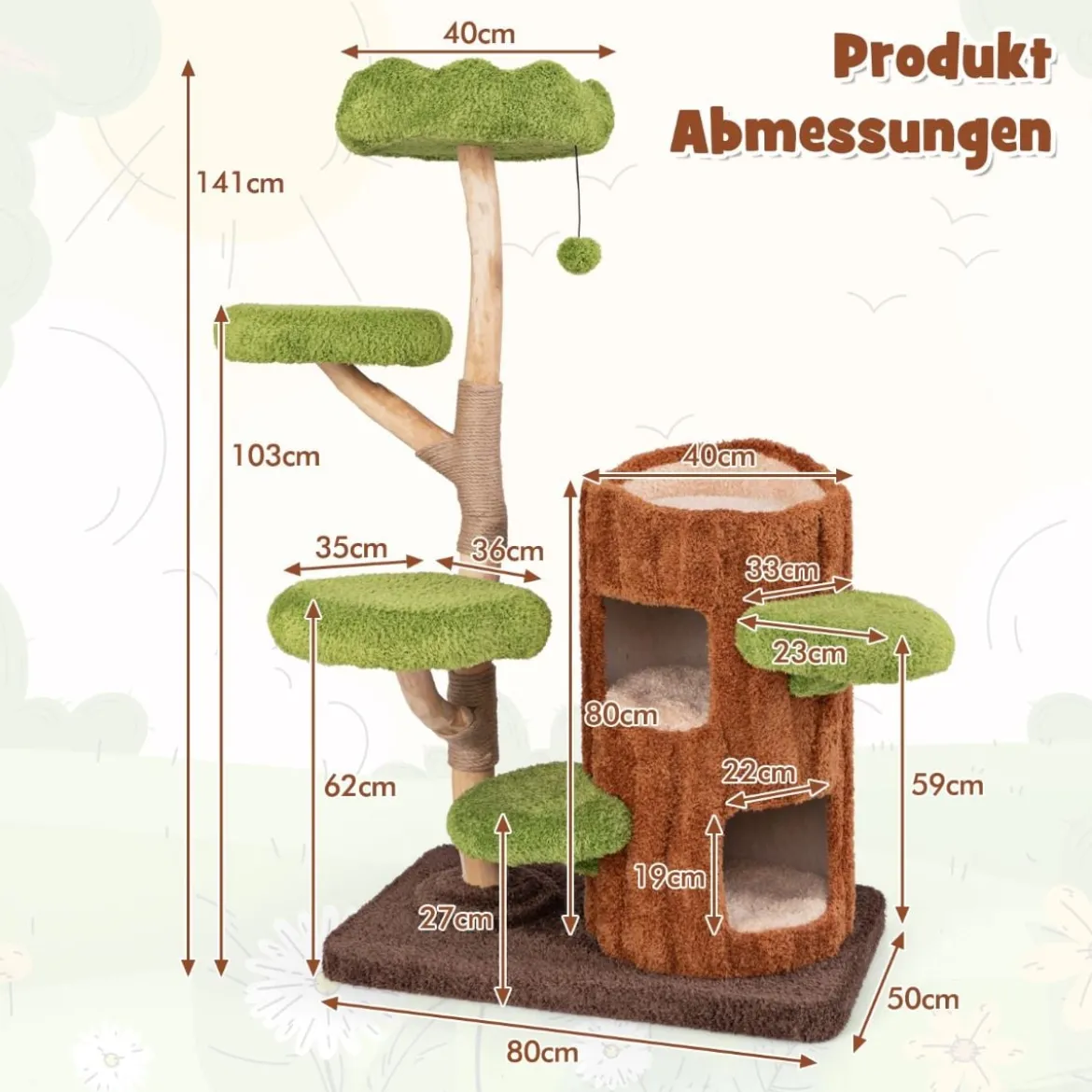 Katzenbaum mit Baumloch-Design & 2 Stöckigem Katzenhaus & Kratzsäulen & Sisal Paneel