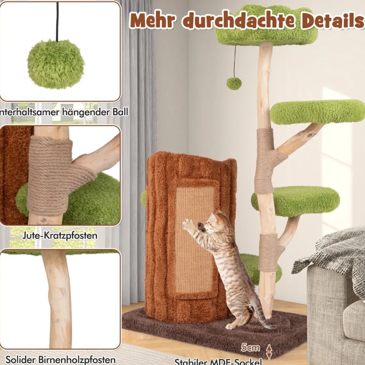 Katzenbaum mit Baumloch-Design & 2 Stöckigem Katzenhaus & Kratzsäulen & Sisal Paneel