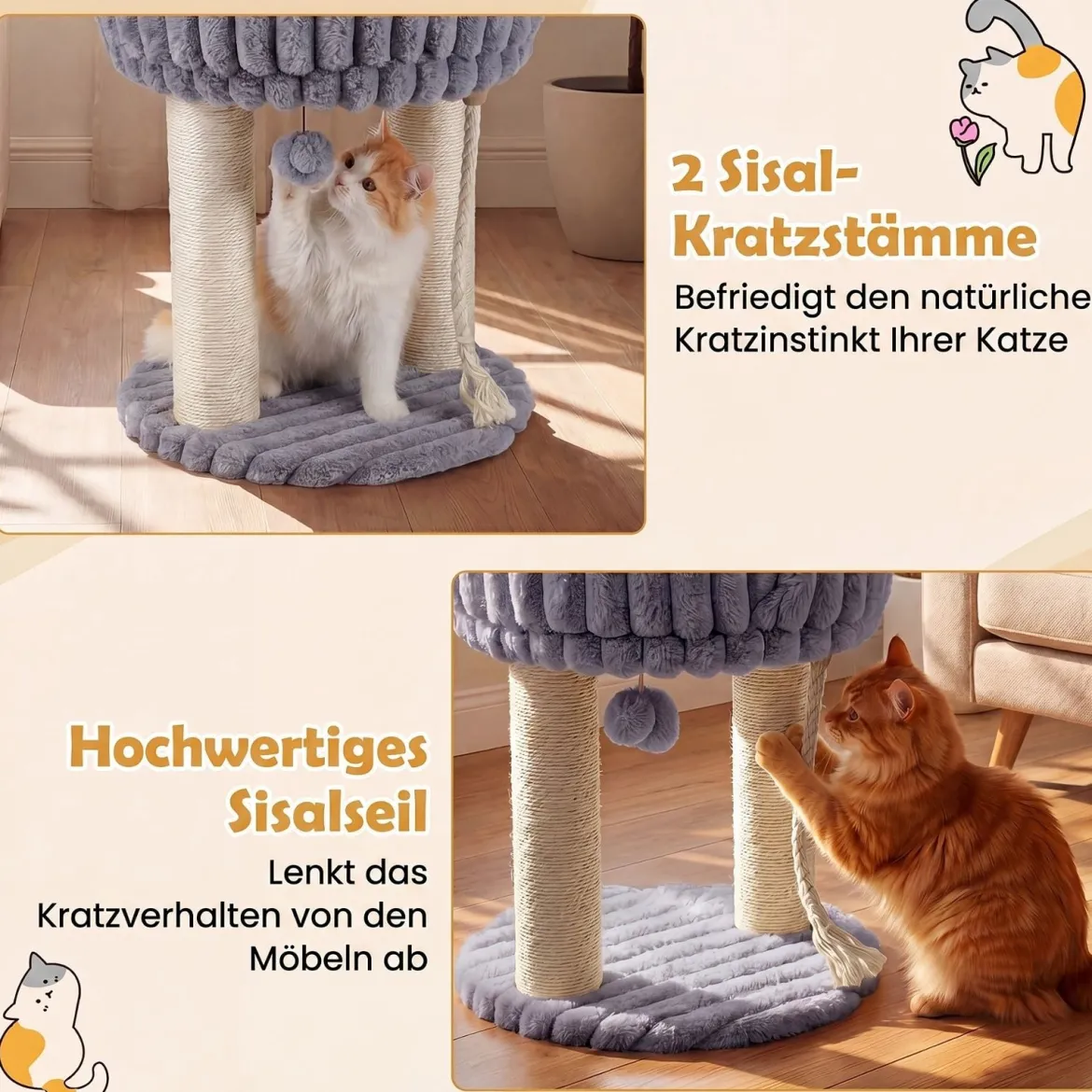 Katzenbaum Plüsch Kratzbaum mit Liegeplattform & Sisalstämmen Kletterturm 40 x 40 x 50,5 cm