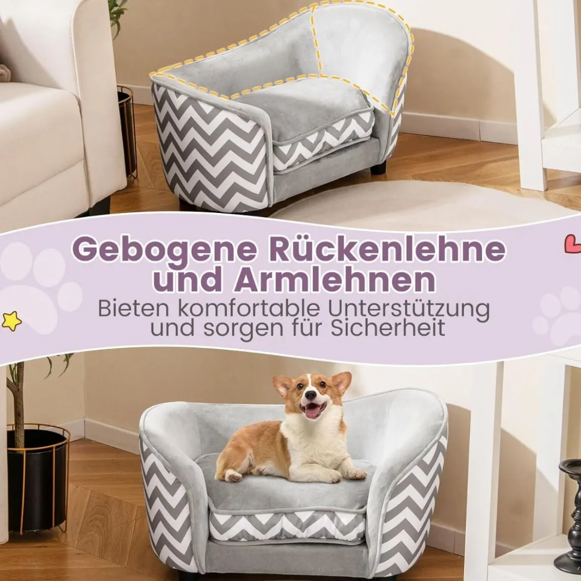 Katzenbett mit Weichem Gepolstertem Kissen & Waschbarem Bezug Hundesofa Katzensofa Grau