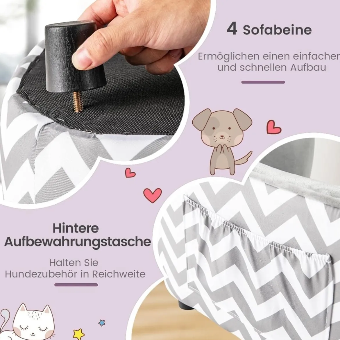 Katzenbett mit Weichem Gepolstertem Kissen & Waschbarem Bezug Hundesofa Katzensofa Grau