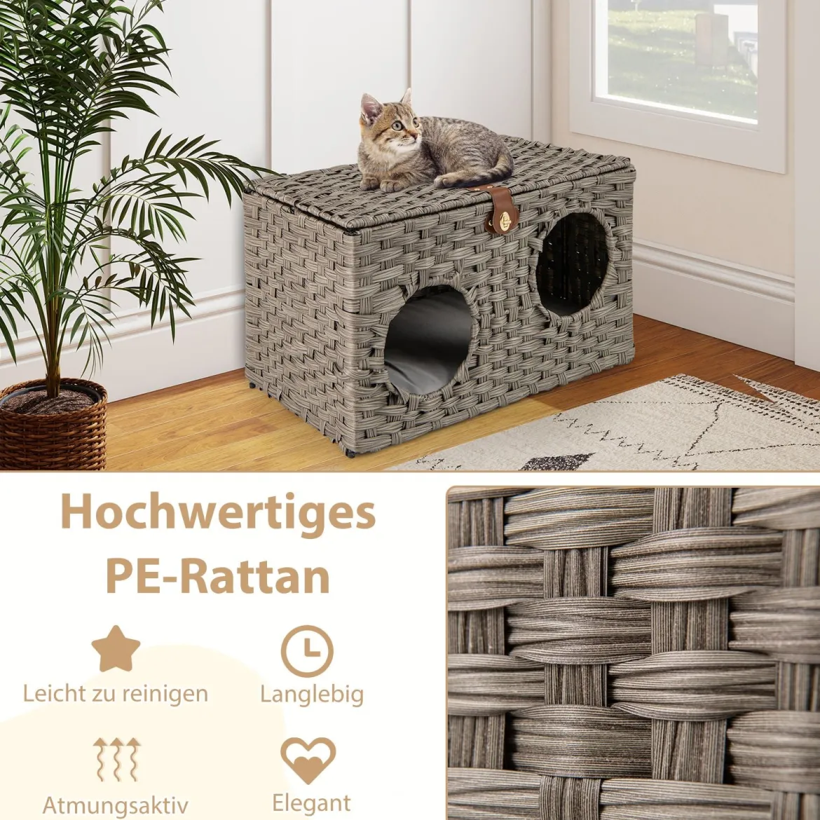 Katzenhaus aus PE-Rattan Klappbar Katzenbett mit abnehmbaren Kissen & abschließbarer Deckel 60 x 35 x 35 cm