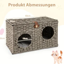 Katzenhaus aus PE-Rattan Klappbar Katzenbett mit abnehmbaren Kissen & abschließbarer Deckel 60 x 35 x 35 cm