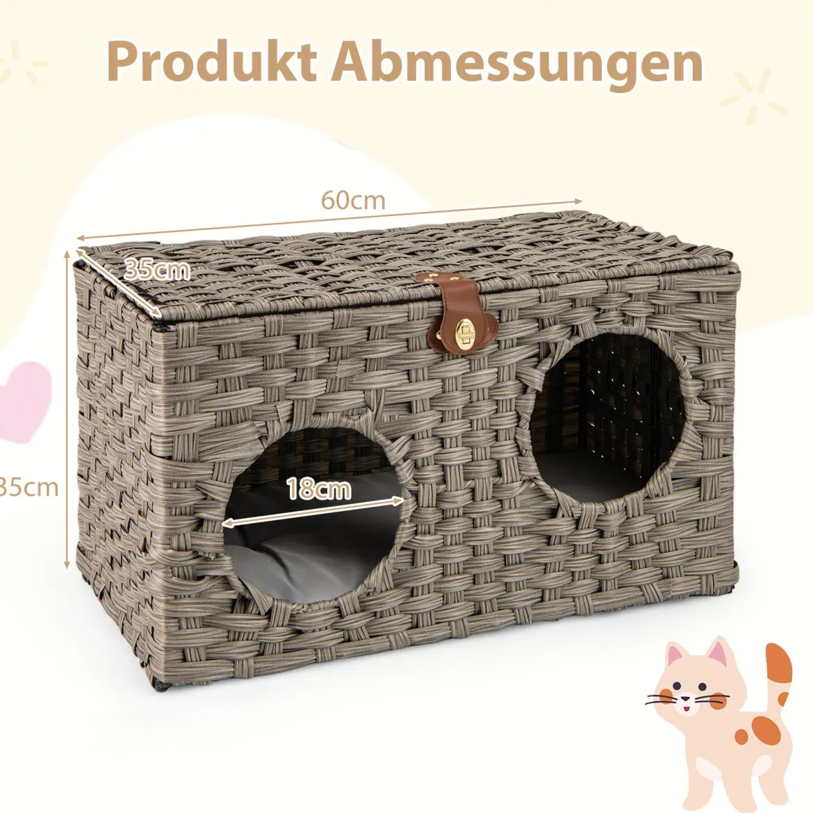 Katzenhaus aus PE-Rattan Klappbar Katzenbett mit abnehmbaren Kissen & abschließbarer Deckel 60 x 35 x 35 cm