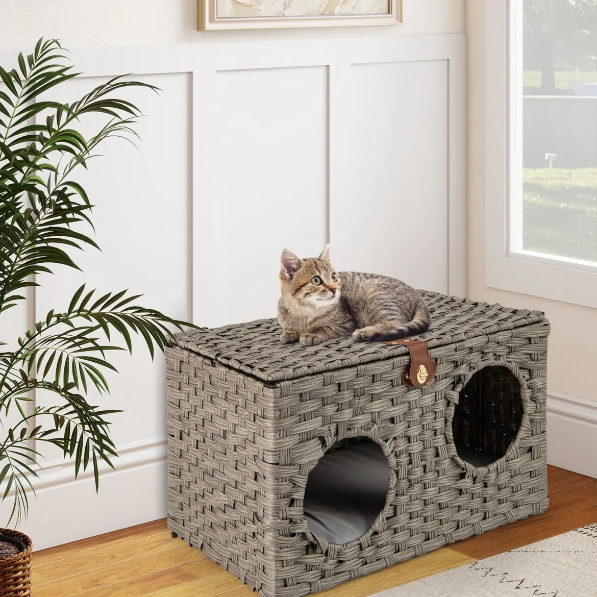 Katzenhaus aus PE-Rattan Klappbar Katzenbett mit abnehmbaren Kissen & abschließbarer Deckel 60 x 35 x 35 cm