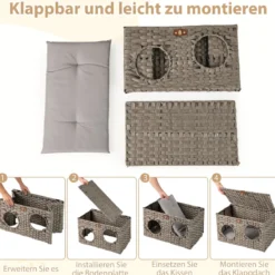 Katzenhaus aus PE-Rattan Klappbar Katzenbett mit abnehmbaren Kissen & abschließbarer Deckel 60 x 35 x 35 cm