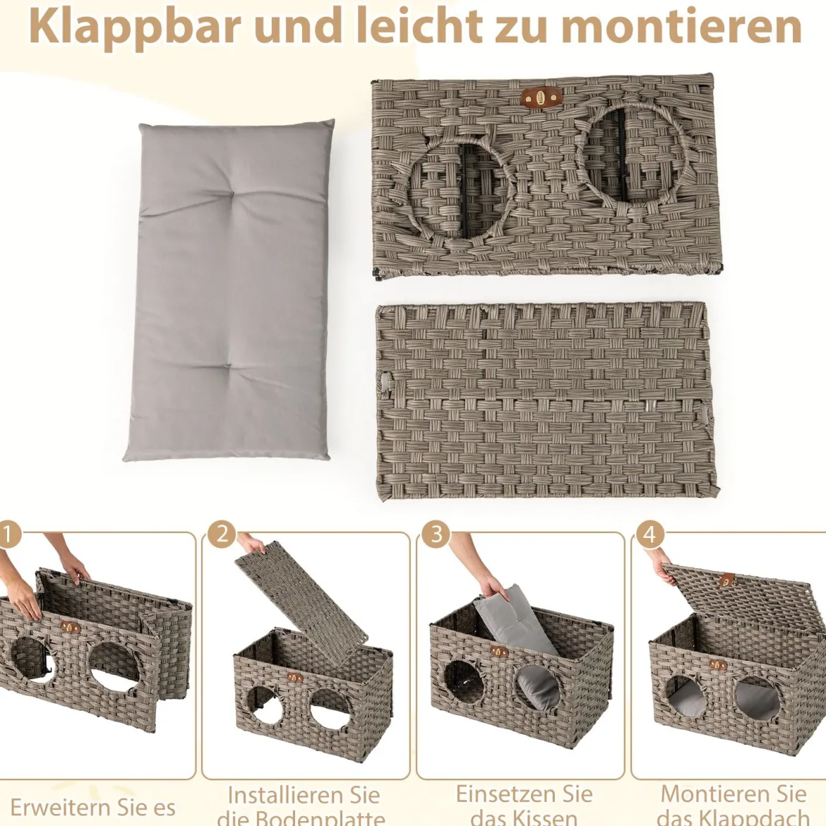 Katzenhaus aus PE-Rattan Klappbar Katzenbett mit abnehmbaren Kissen & abschließbarer Deckel 60 x 35 x 35 cm