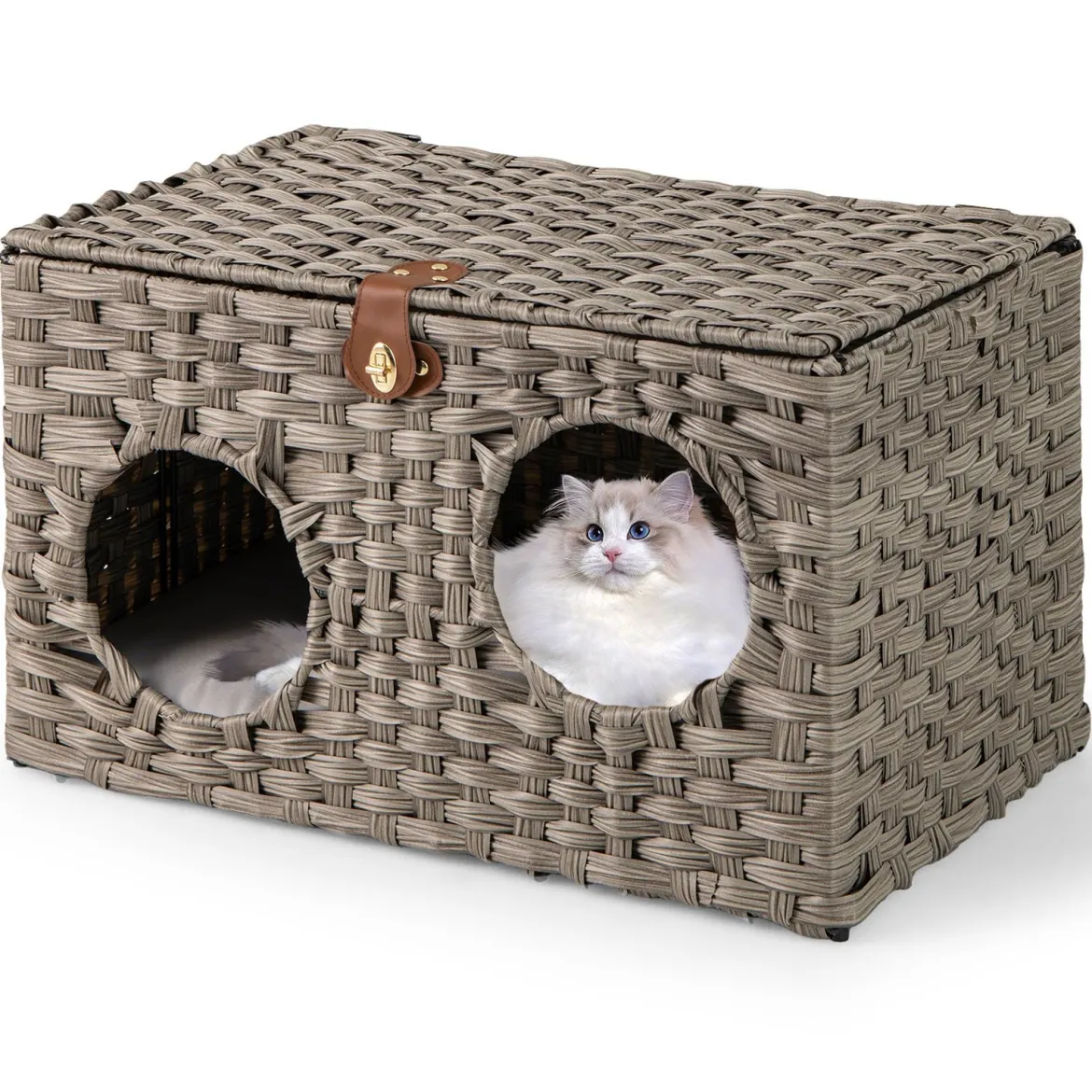 Katzenhaus aus PE-Rattan Klappbar Katzenbett mit abnehmbaren Kissen & abschließbarer Deckel 60 x 35 x 35 cm