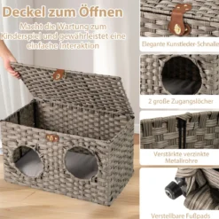 Katzenhaus aus PE-Rattan Klappbar Katzenbett mit abnehmbaren Kissen & abschließbarer Deckel 60 x 35 x 35 cm