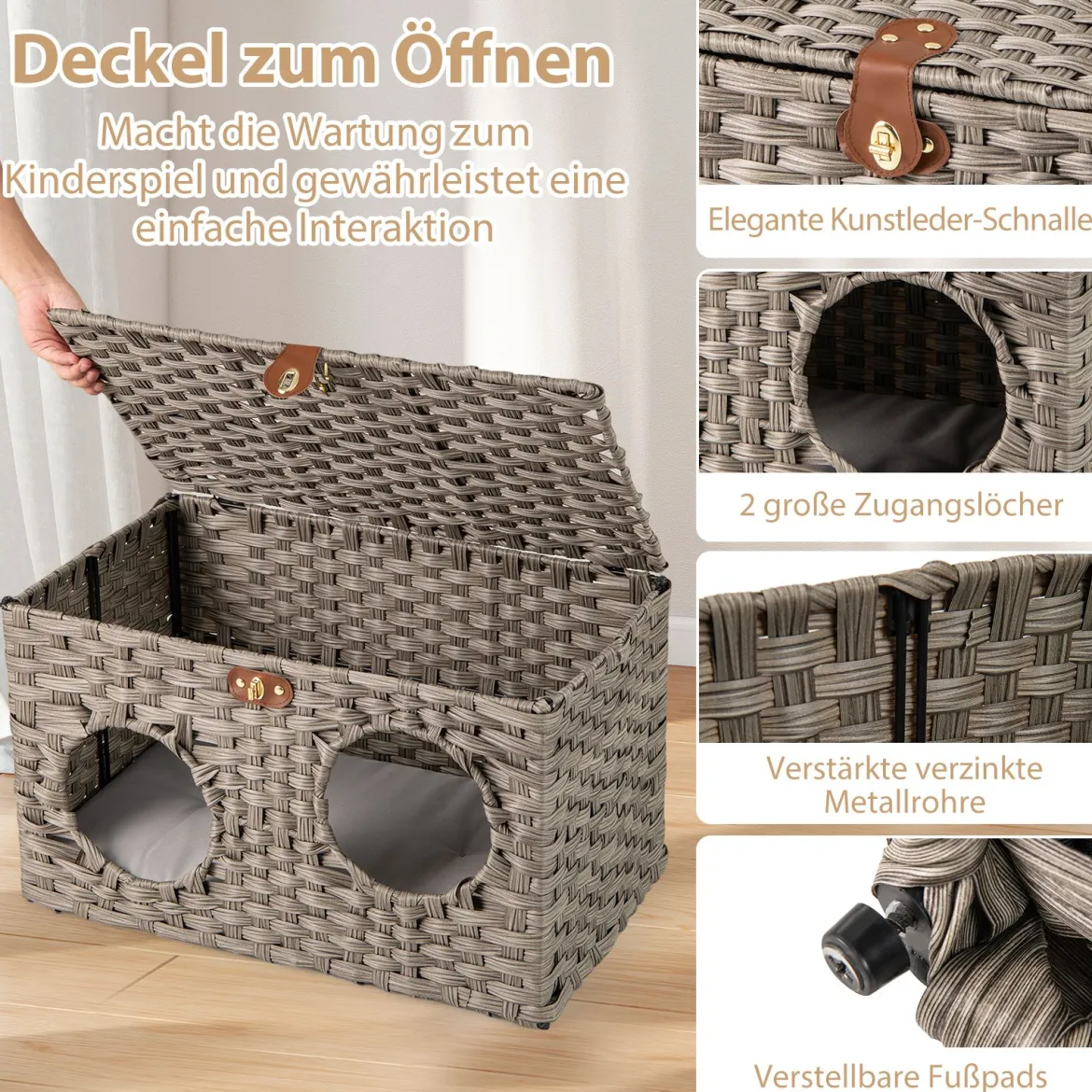 Katzenhaus aus PE-Rattan Klappbar Katzenbett mit abnehmbaren Kissen & abschließbarer Deckel 60 x 35 x 35 cm