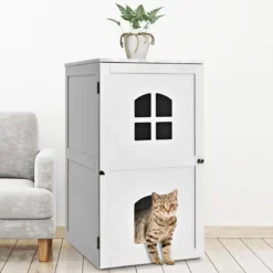 Katzenhaus 2 Ebene Katzenklo mit magnetischer Tür Kleintierhaus Holz Katzentoilette 60x50x90,5cm