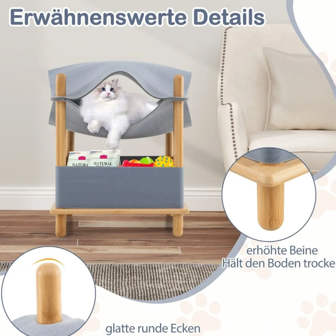 Katzenhaus 2 Etagen Bambus erhöhtes Katzenbett mit Stauraum 40 x 40 x 53 cm Natur+Grau