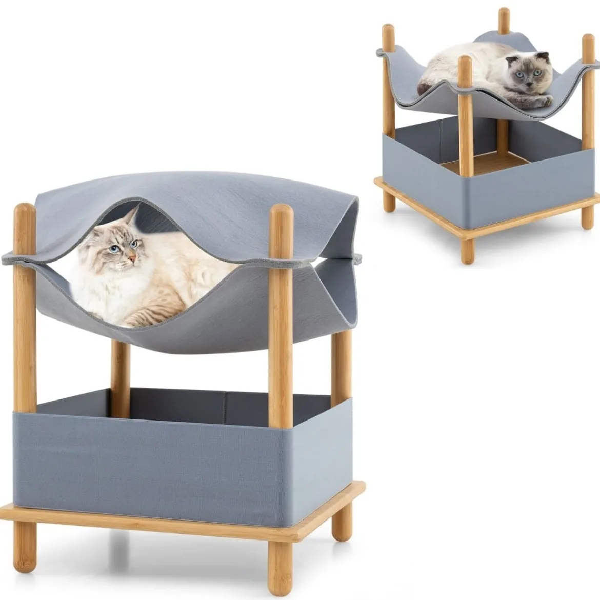 Katzenhaus 2 Etagen Bambus erhöhtes Katzenbett mit Stauraum 40 x 40 x 53 cm Natur+Grau