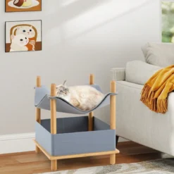Katzenhaus 2 Etagen Bambus erhöhtes Katzenbett mit Stauraum 40 x 40 x 53 cm Natur+Grau
