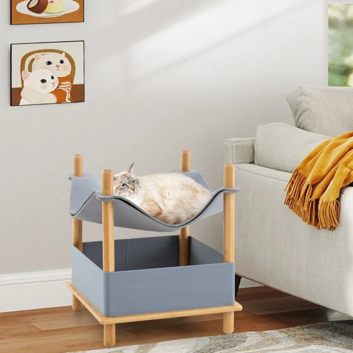 Katzenhaus 2 Etagen Bambus erhöhtes Katzenbett mit Stauraum 40 x 40 x 53 cm Natur+Grau