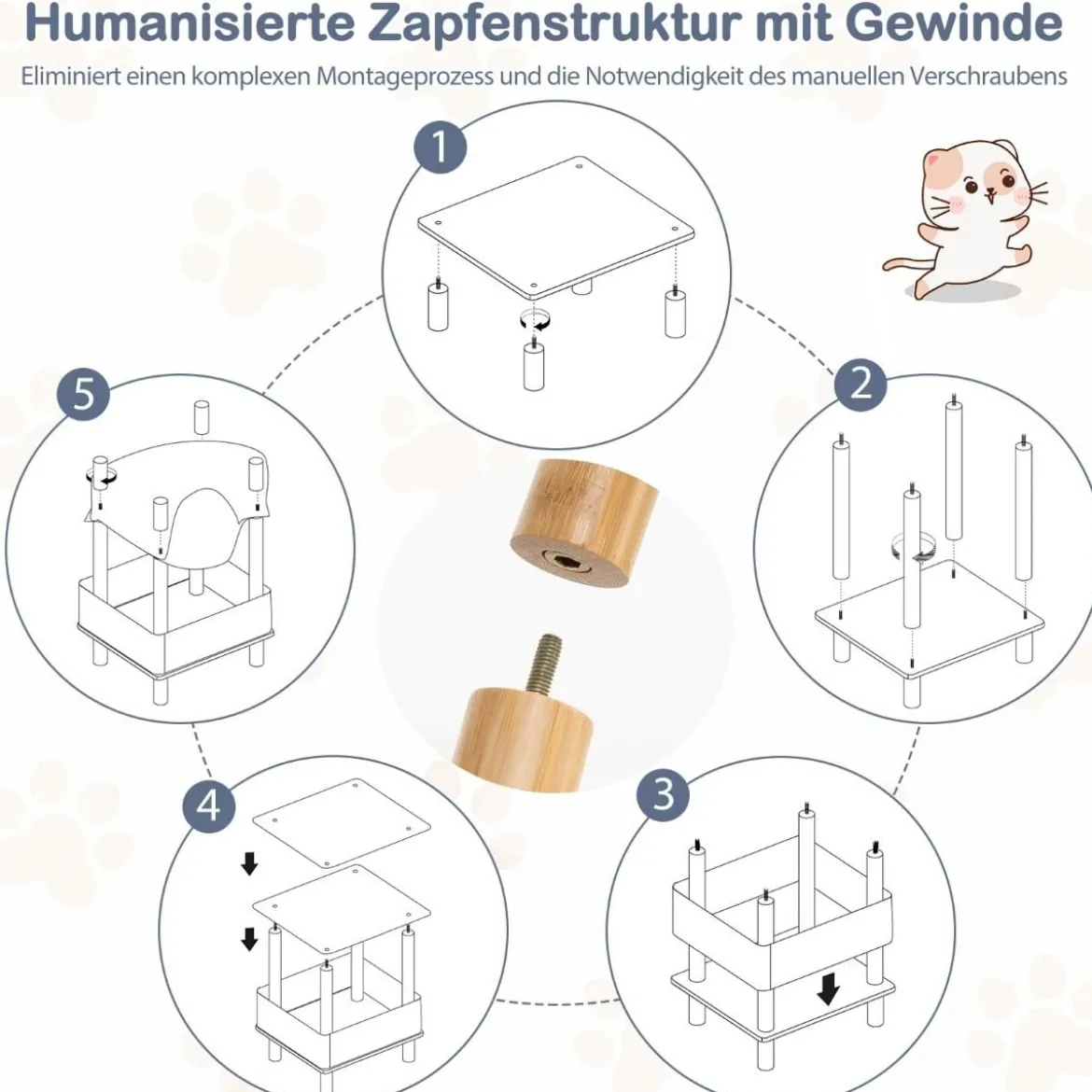Katzenhaus 2 Etagen Bambus erhöhtes Katzenbett mit Stauraum 40 x 40 x 53 cm Natur+Grau