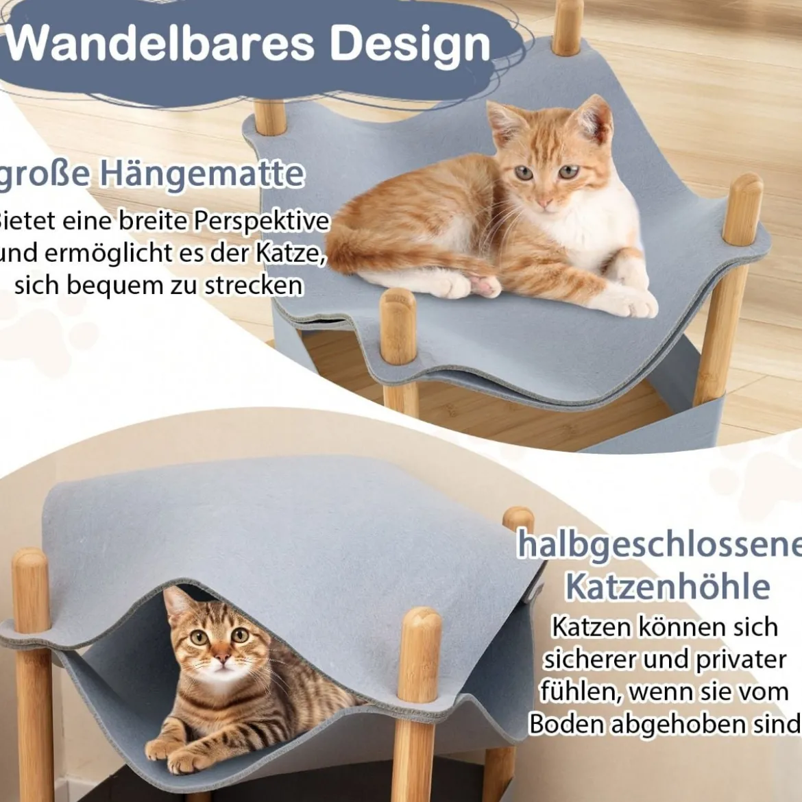 Katzenhaus 2 Etagen Bambus erhöhtes Katzenbett mit Stauraum 40 x 40 x 53 cm Natur+Grau