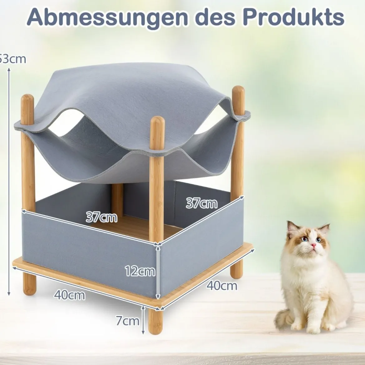 Katzenhaus 2 Etagen Bambus erhöhtes Katzenbett mit Stauraum 40 x 40 x 53 cm Natur+Grau