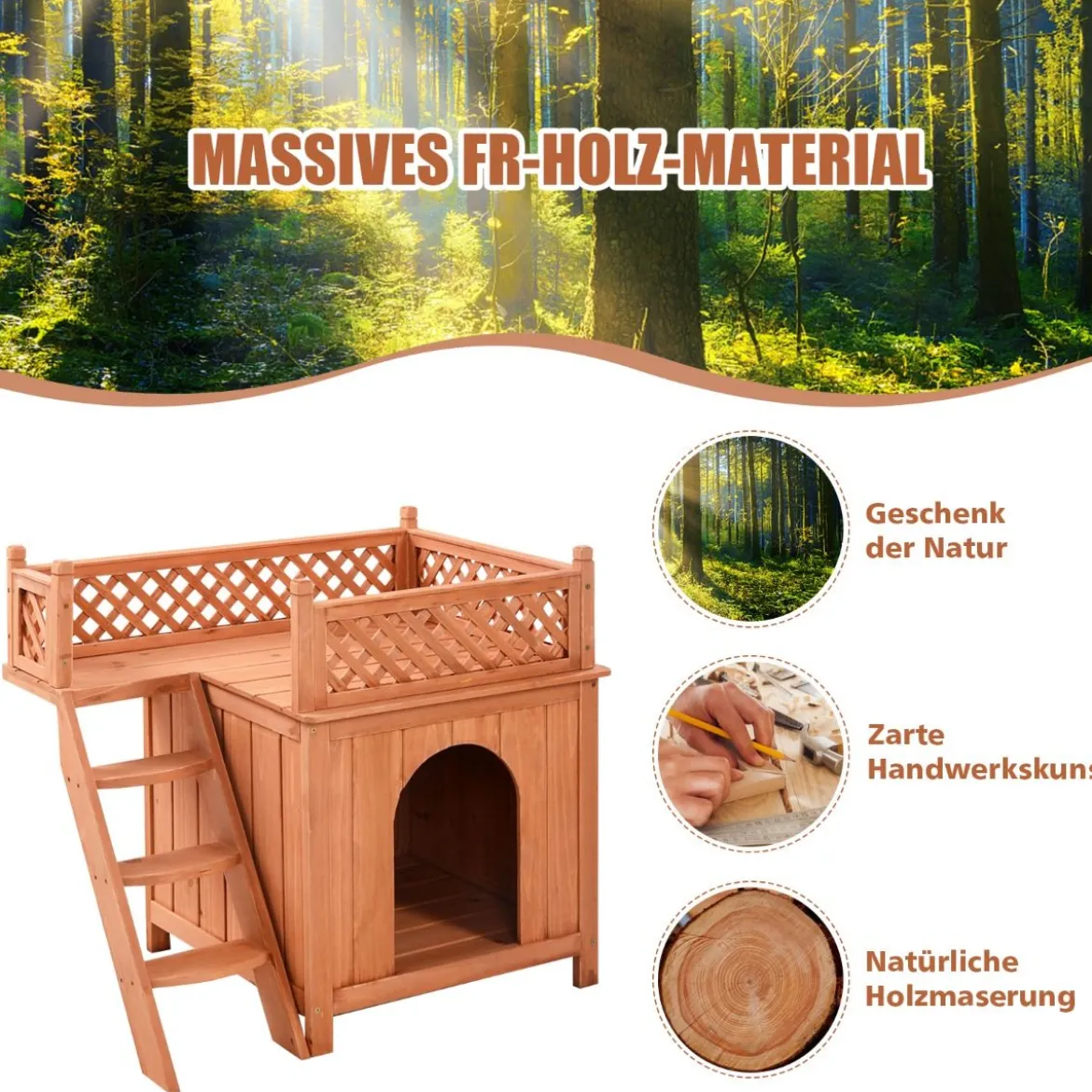 Katzenhaus Hundehütte Holz Hundehaus mit Treppe zweistöckig Kleintierhaus für Hunde und Katzen