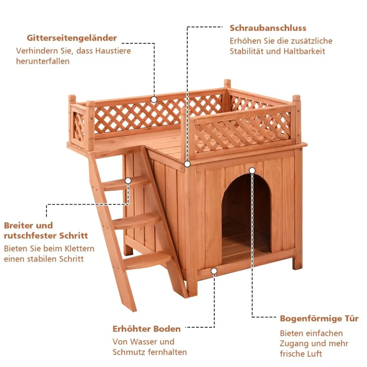 Katzenhaus Hundehütte Holz Hundehaus mit Treppe zweistöckig Kleintierhaus für Hunde und Katzen