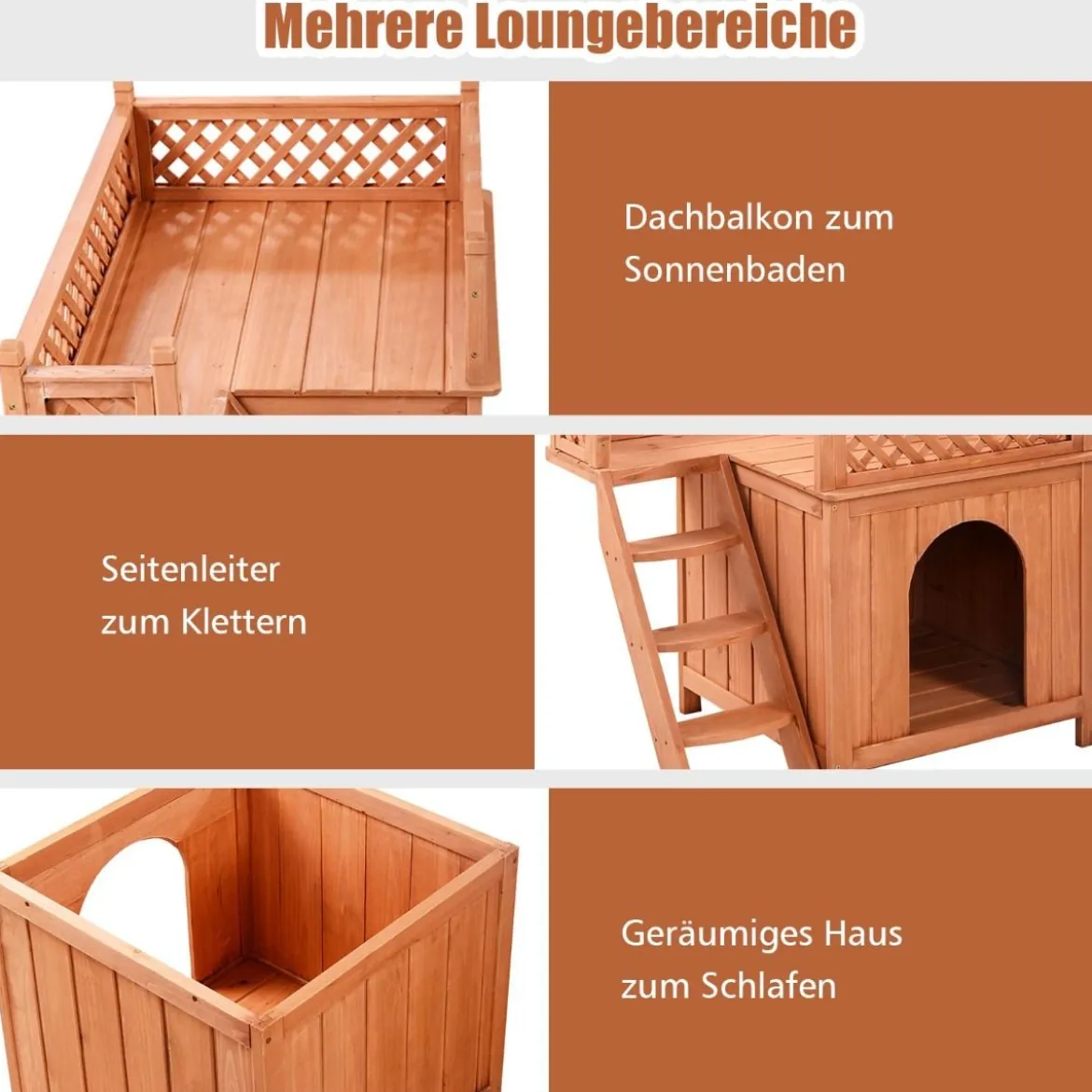 Katzenhaus Hundehütte Holz Hundehaus mit Treppe zweistöckig Kleintierhaus für Hunde und Katzen