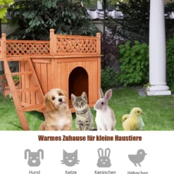 Katzenhaus Hundehütte Holz Hundehaus mit Treppe zweistöckig Kleintierhaus für Hunde und Katzen