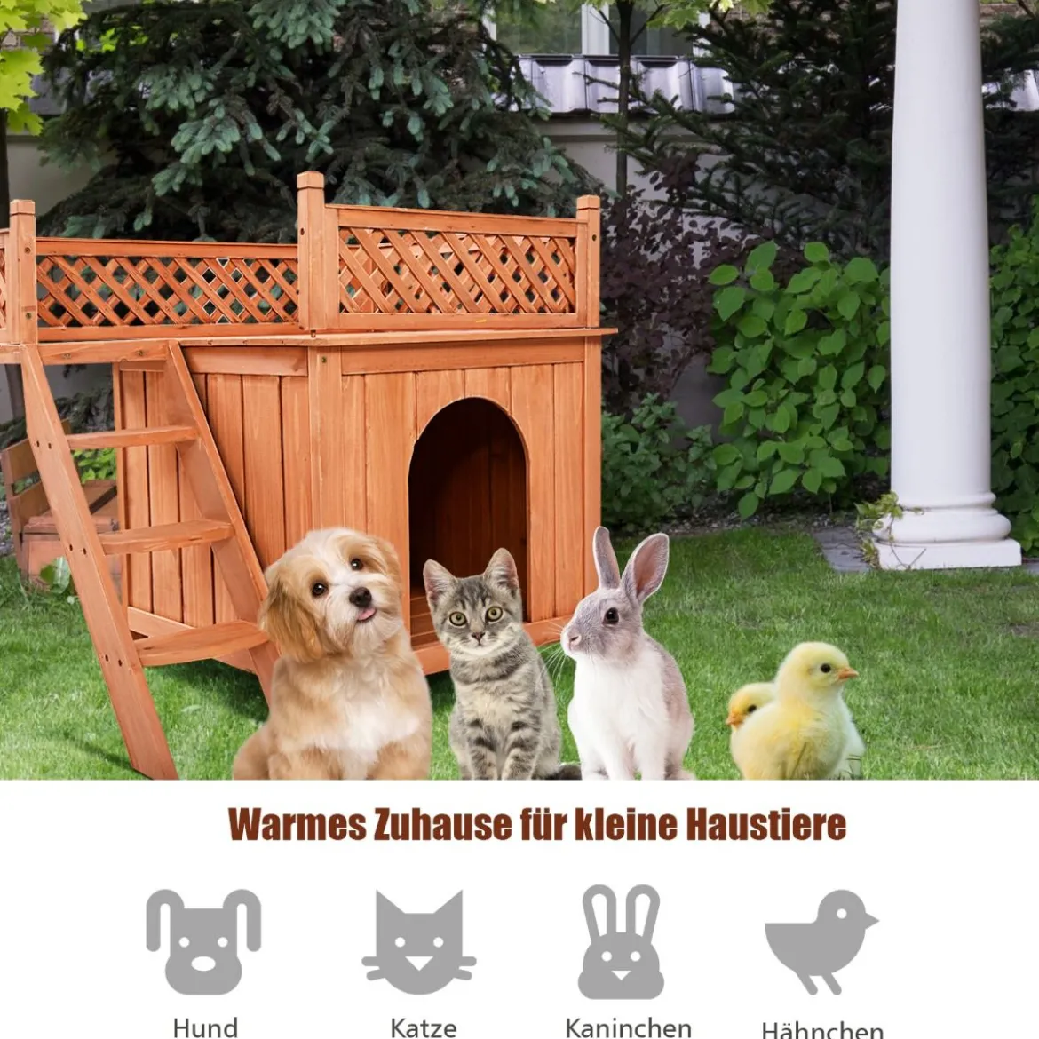 Katzenhaus Hundehütte Holz Hundehaus mit Treppe zweistöckig Kleintierhaus für Hunde und Katzen