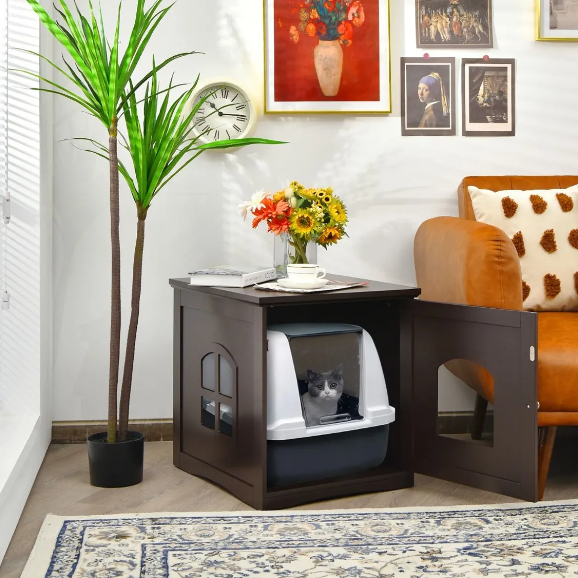 Katzenhaus Katzenklo mit magnetischer Tür Kleintierhaus Katzentoilette Holz 49 x 53 x 53 cm Braun