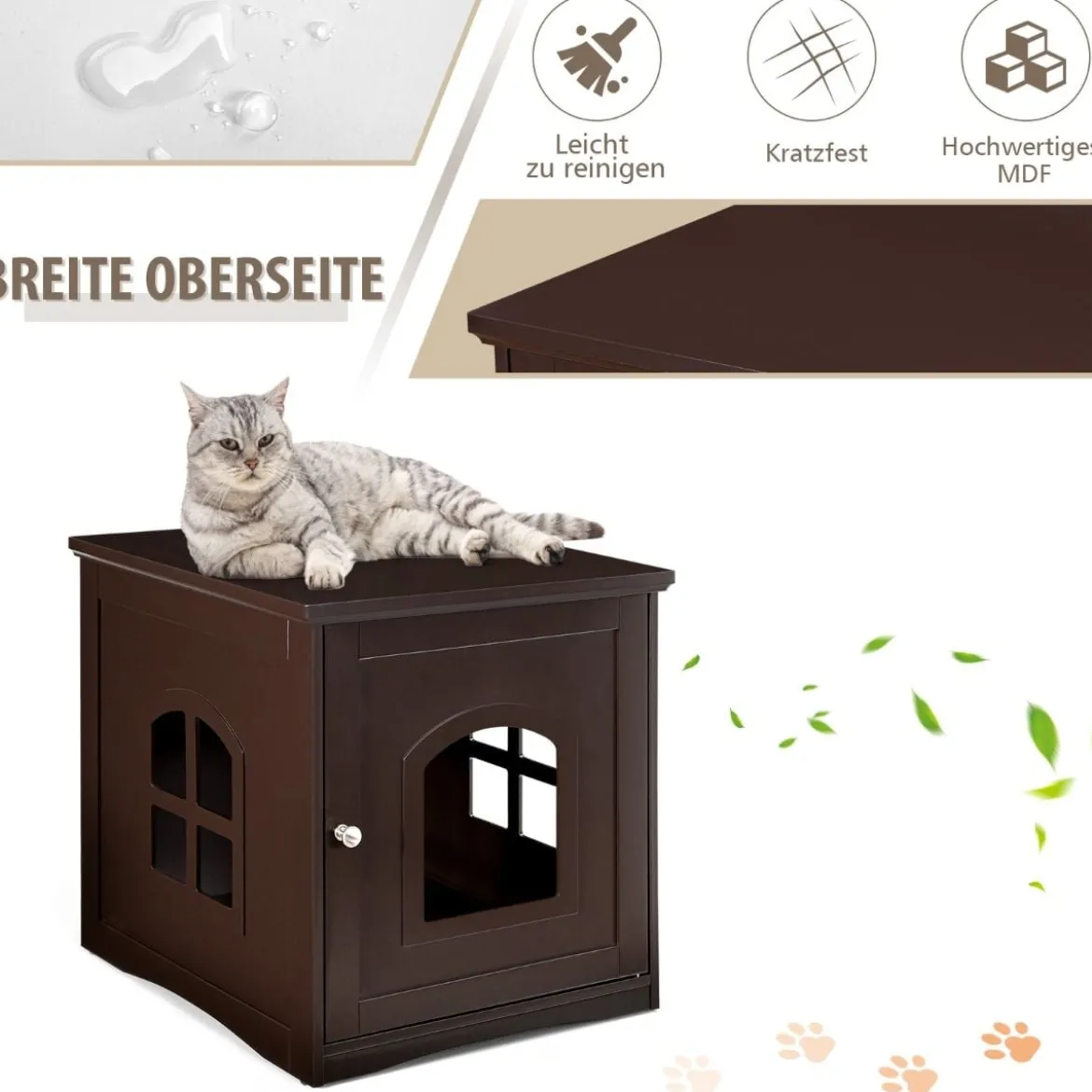 Katzenhaus Katzenklo mit magnetischer Tür Kleintierhaus Katzentoilette Holz 49 x 53 x 53 cm Braun
