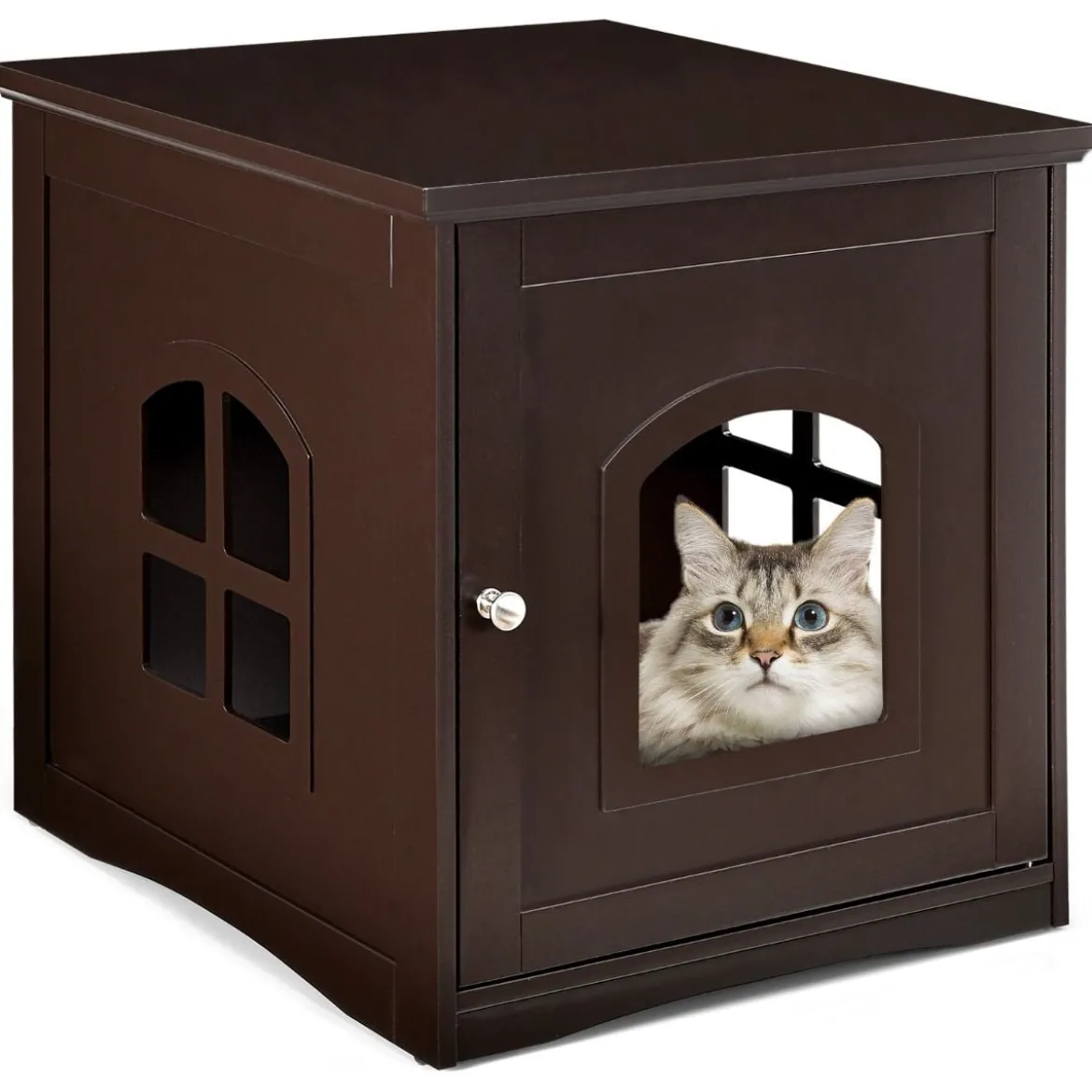 Katzenhaus Katzenklo mit magnetischer Tür Kleintierhaus Katzentoilette Holz 49 x 53 x 53 cm Braun