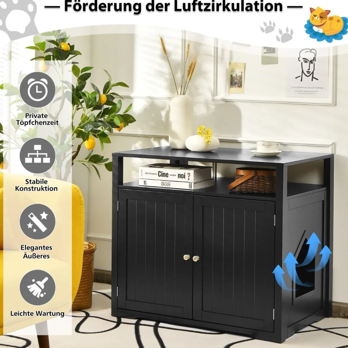 Katzenhaus Katzenklo Schrank Katzenhöhle mit Eingang Bettund Ablage Katzentoilette Haustierbox Schwarz