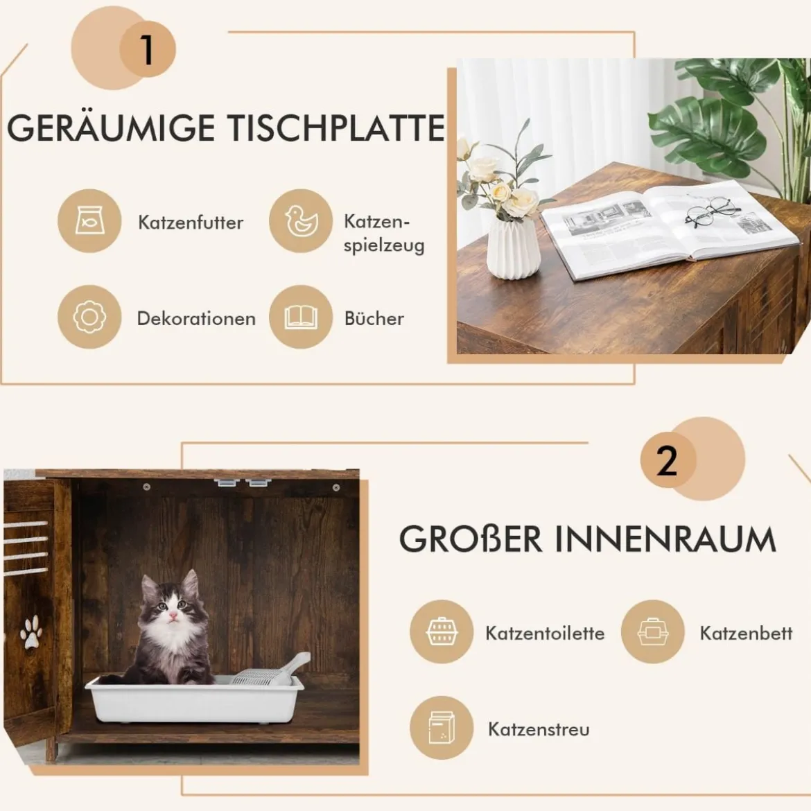 Katzenhaus Katzentoilette mit Doppelten Lamellentüren Katzenschrank 70 x 52 x 51 cm Braun