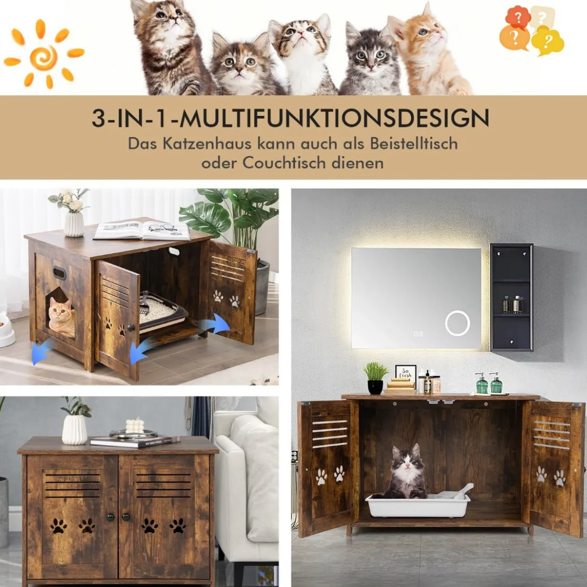 Katzenhaus Katzentoilette mit Doppelten Lamellentüren Katzenschrank 70 x 52 x 51 cm Braun