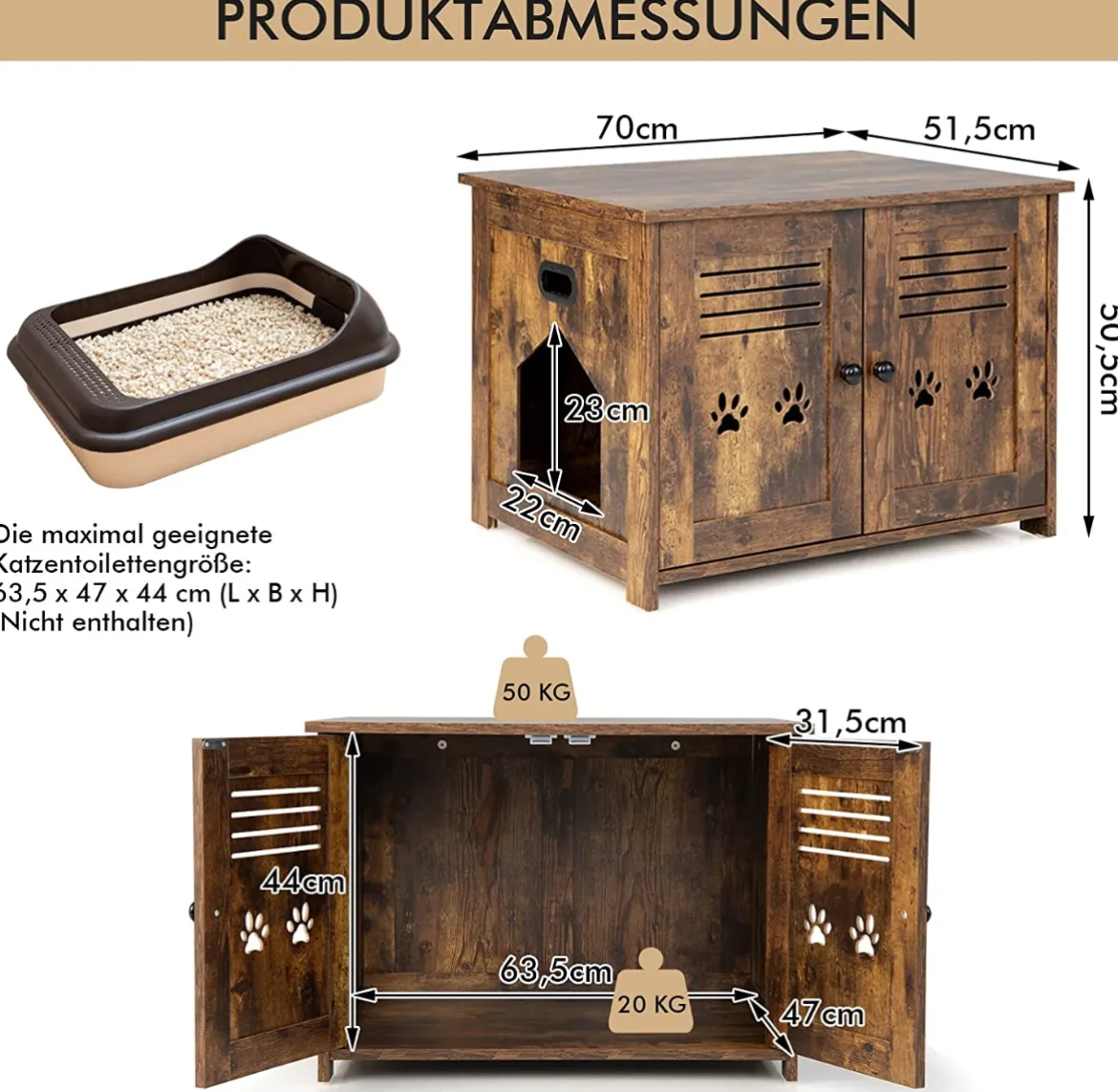 Katzenhaus Katzentoilette mit Doppelten Lamellentüren Katzenschrank 70 x 52 x 51 cm Braun