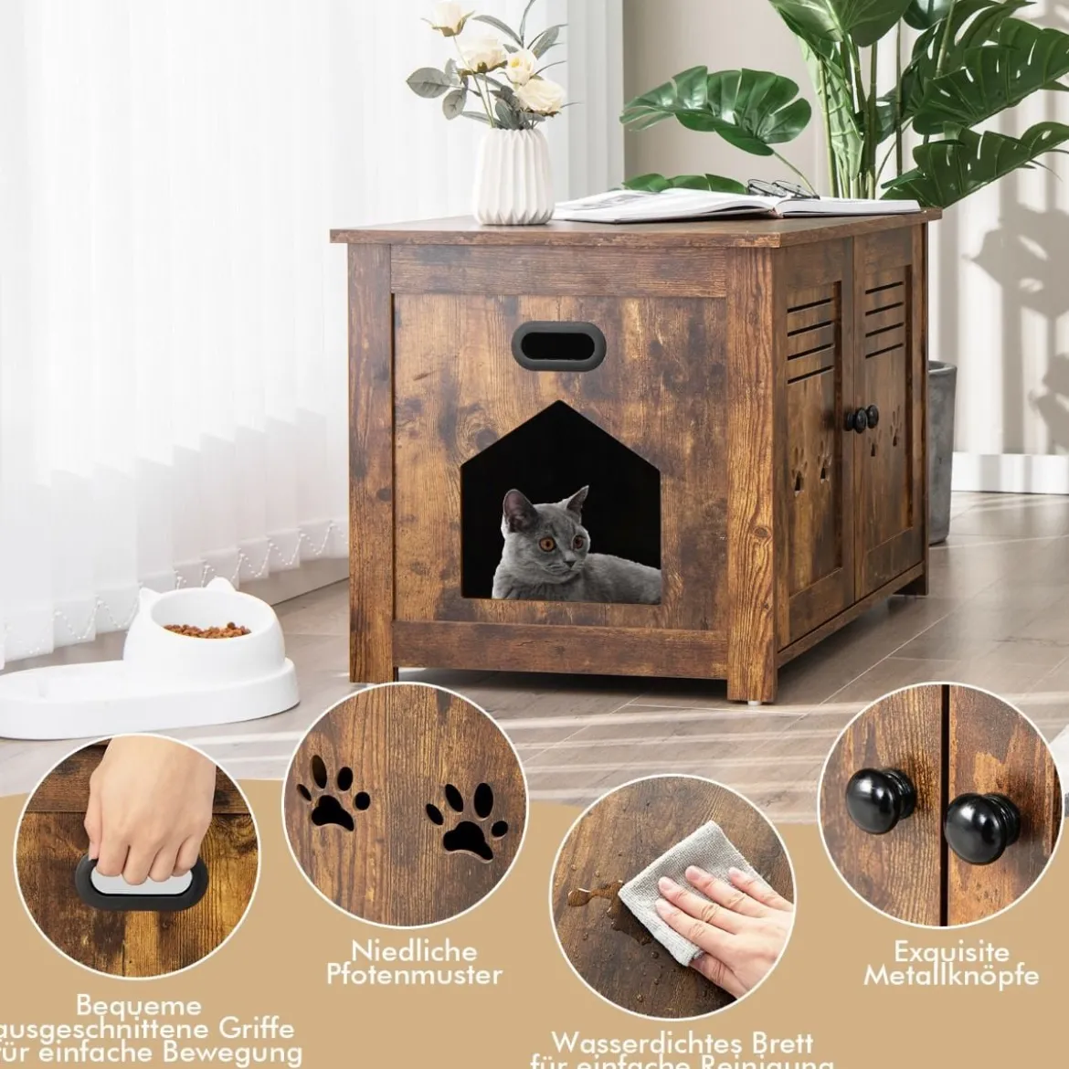 Katzenhaus Katzentoilette mit Doppelten Lamellentüren Katzenschrank 70 x 52 x 51 cm Braun