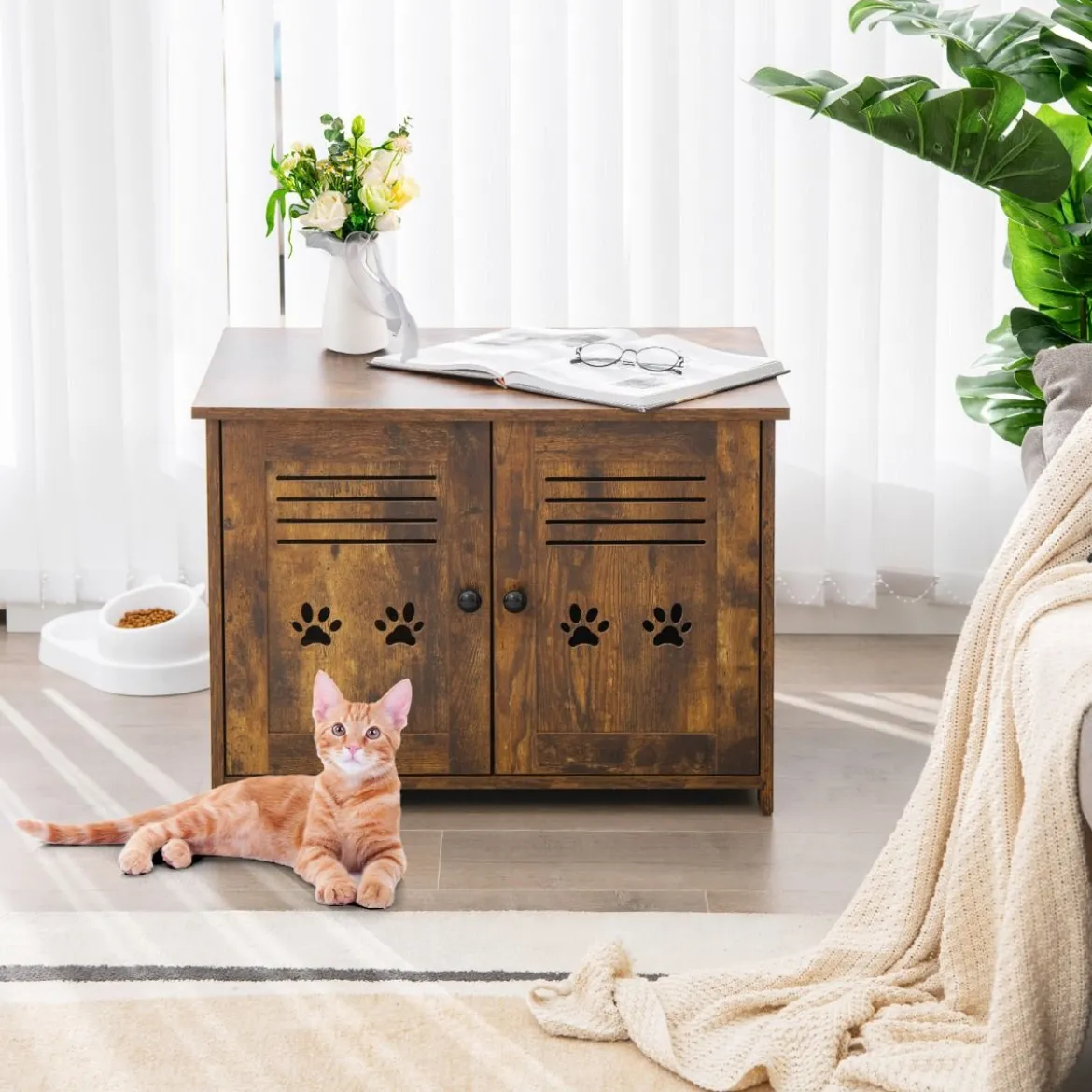 Katzenhaus Katzentoilette mit Doppelten Lamellentüren Katzenschrank 70 x 52 x 51 cm Braun