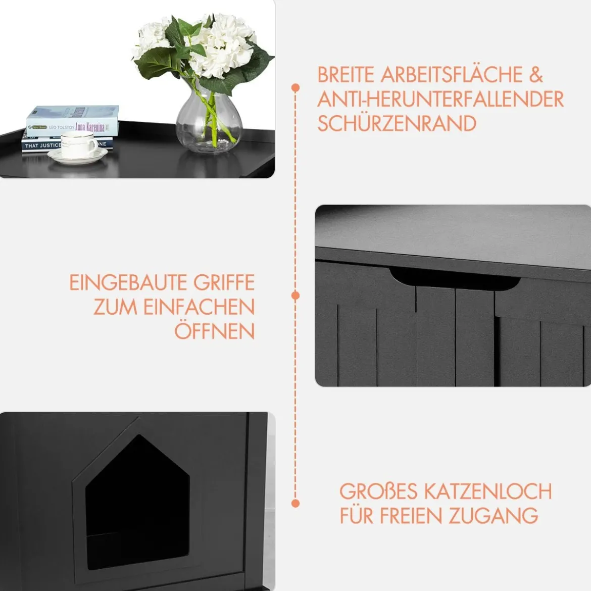 Katzenhaus mit Bett Innenkatzenhaus geschlossene Katzentoilette mit Eingang Schwarz