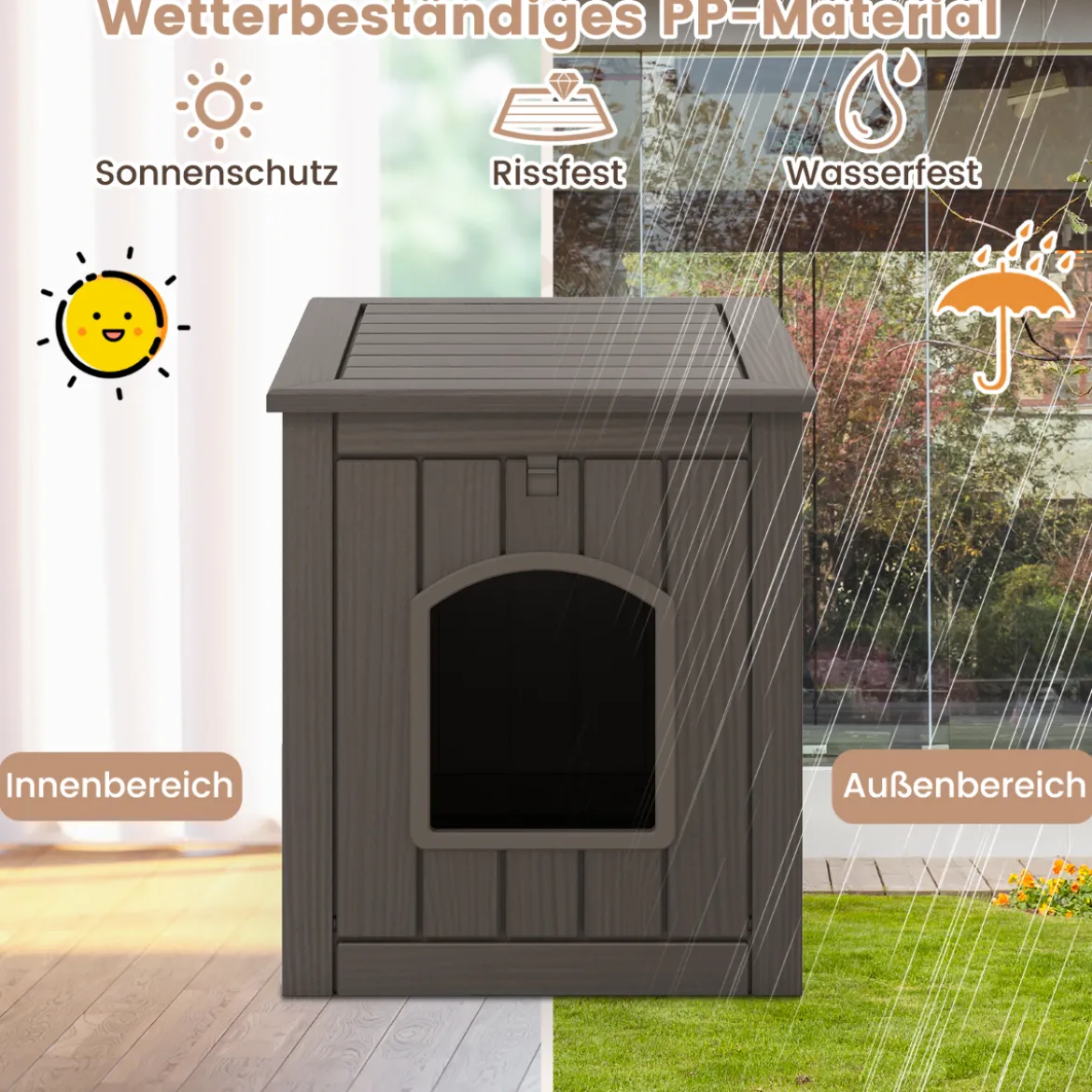 Katzenhaus mit Klapptür & Erhöhtem Boden Katzenklo Schrank aus PP Katzentoilette Grau