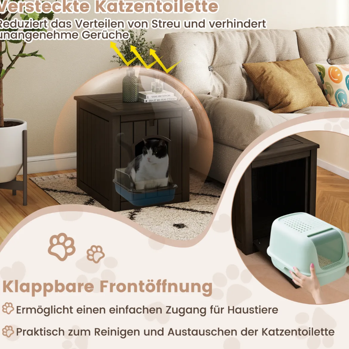 Katzenhaus mit Klapptür & Erhöhtem Boden Katzenklo Schrank aus PP Katzentoilette Grau