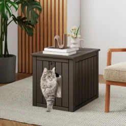 Katzenhaus mit Klapptür & Erhöhtem Boden Katzenklo Schrank aus PP Katzentoilette Grau