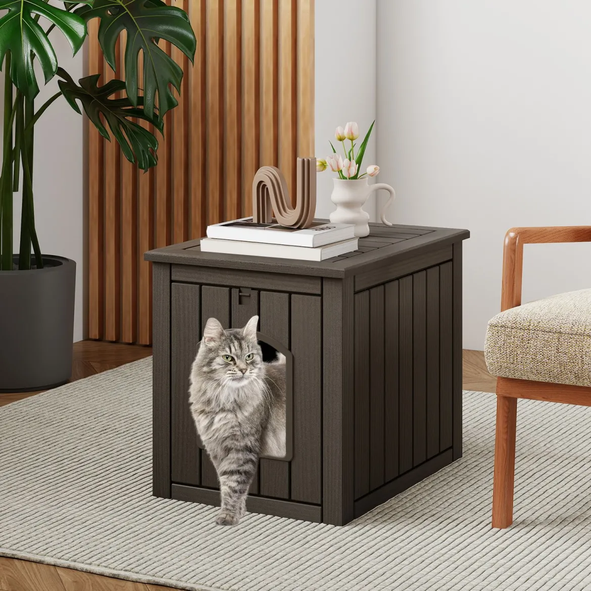 Katzenhaus mit Klapptür & Erhöhtem Boden Katzenklo Schrank aus PP Katzentoilette Grau