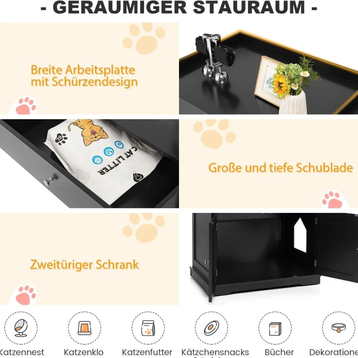 Katzenhaus mit Schublade und 2 Türen 3-in-1 Katzenhaus Katzentoilette Beistelltisch Schwarz