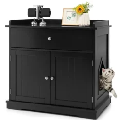 Katzenhaus mit Schublade und 2 Türen 3-in-1 Katzenhaus Katzentoilette Beistelltisch Schwarz