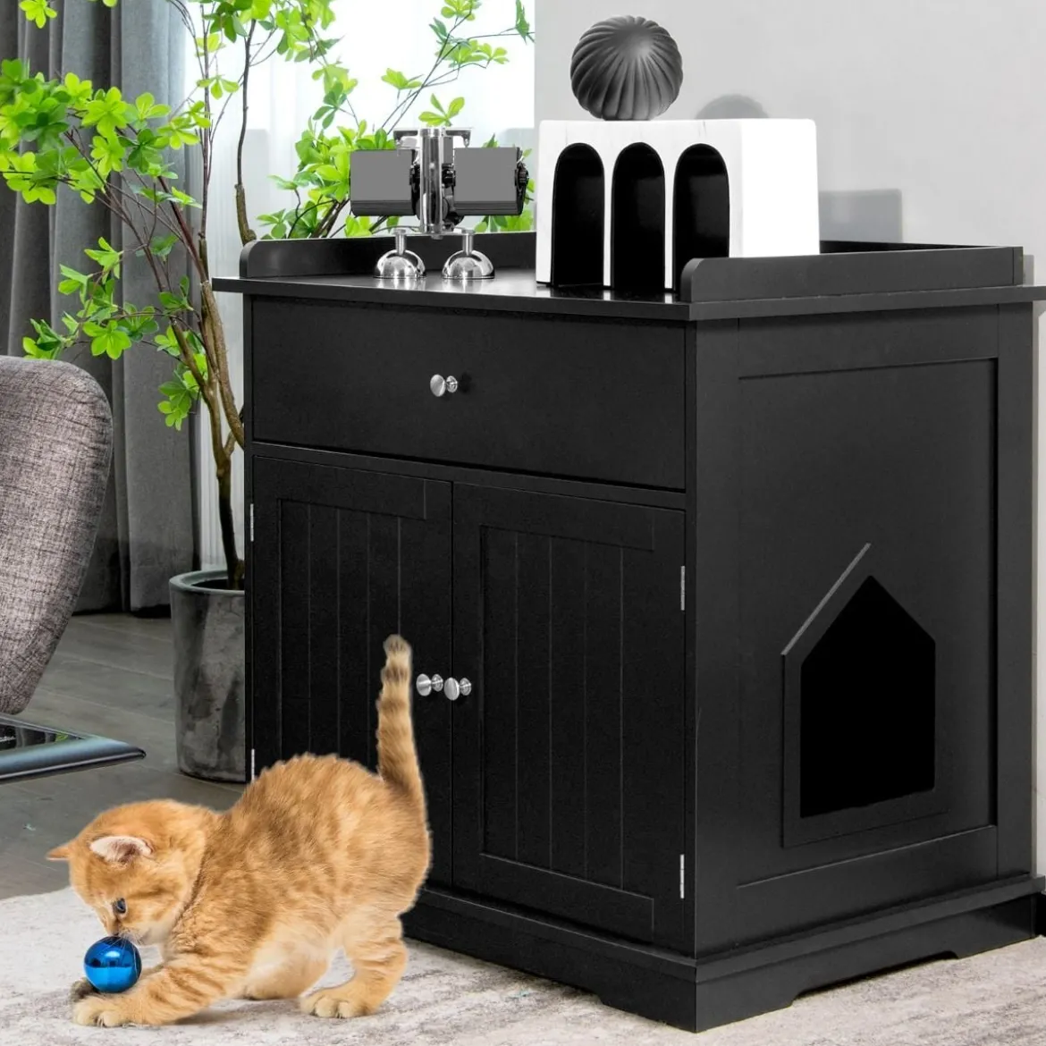 Katzenhaus mit Schublade und 2 Türen 3-in-1 Katzenhaus Katzentoilette Beistelltisch Schwarz