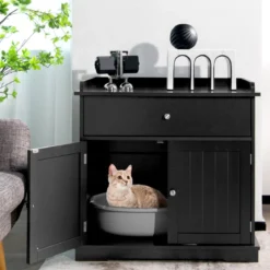 Katzenhaus mit Schublade und 2 Türen 3-in-1 Katzenhaus Katzentoilette Beistelltisch Schwarz