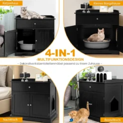Katzenhaus mit Schublade und 2 Türen 3-in-1 Katzenhaus Katzentoilette Beistelltisch Schwarz
