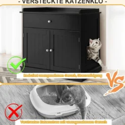 Katzenhaus mit Schublade und 2 Türen 3-in-1 Katzenhaus Katzentoilette Beistelltisch Schwarz