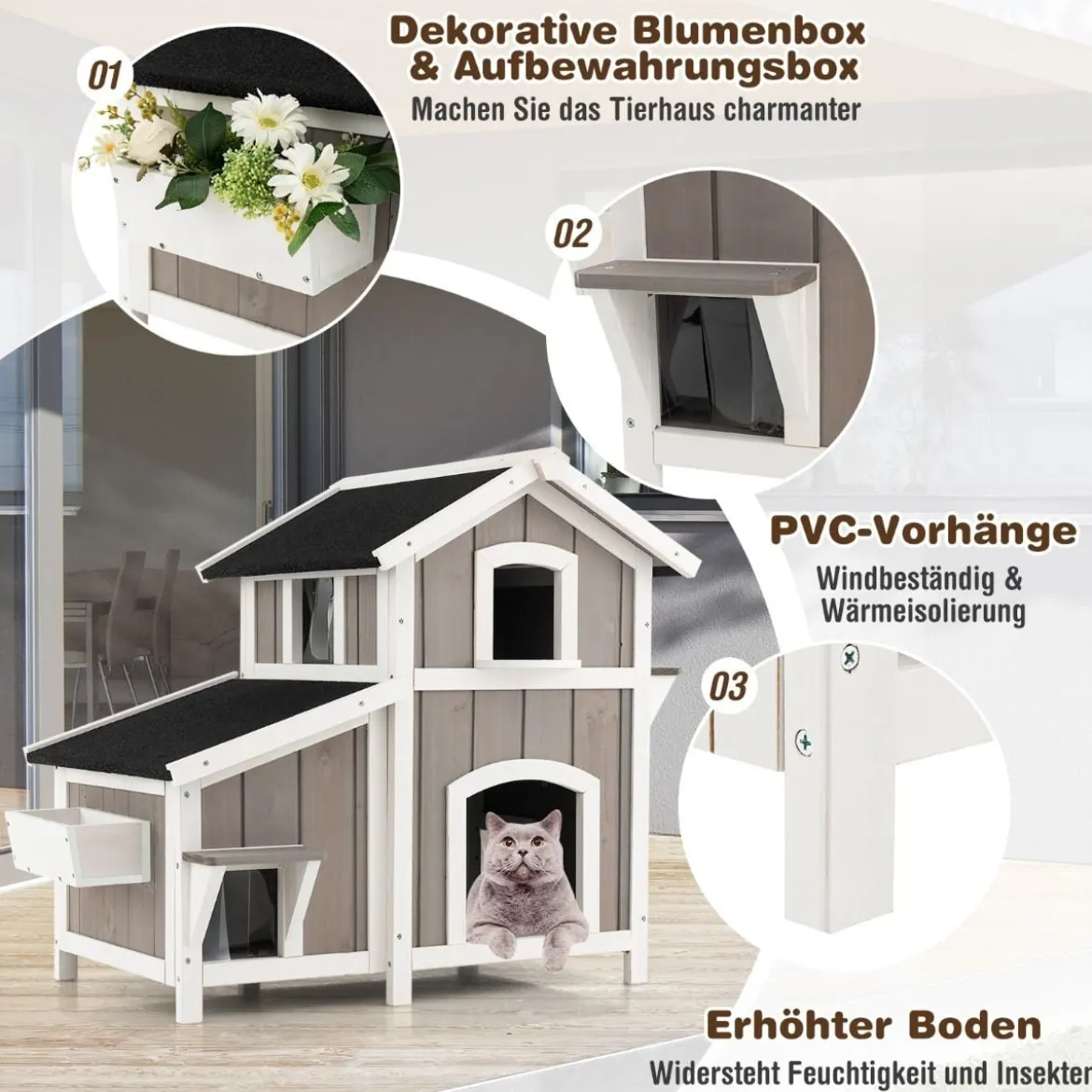 Katzenhaus Outdoor 2-stöckige Katzenhütte Katzenvilla mit Asphaltdach Grau 100 x 64 x 82,5 cm