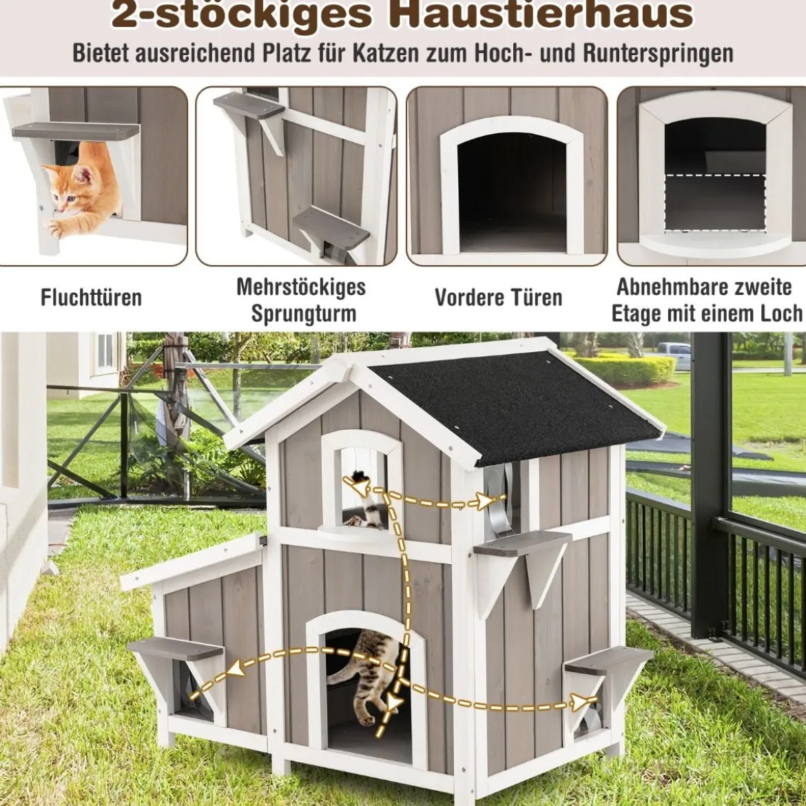 Katzenhaus Outdoor 2-stöckige Katzenhütte Katzenvilla mit Asphaltdach Grau 100 x 64 x 82,5 cm
