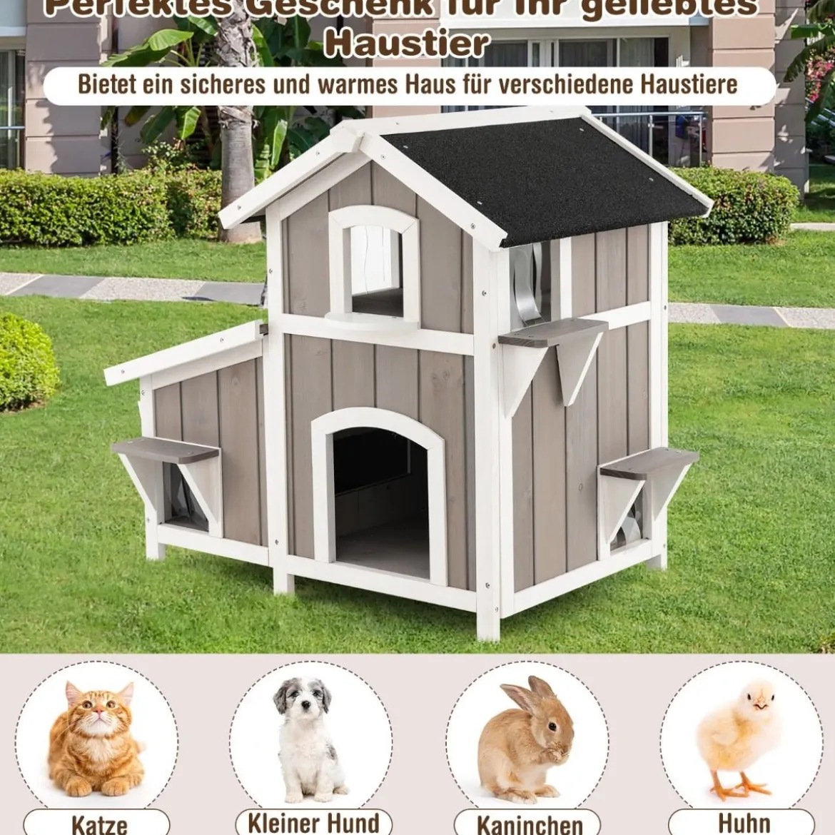 Katzenhaus Outdoor 2-stöckige Katzenhütte Katzenvilla mit Asphaltdach Grau 100 x 64 x 82,5 cm